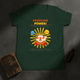 green t-shirt with colorful graphic and 'FRENCHIE POWER!' text on a white background