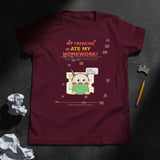 Maroon t-shirt with a cartoon character and text on a white background