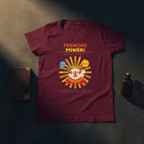 Maroon t-shirt with a cartoon dog in superhero costume and 'FRENCHIE POWER!' text on a white background