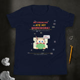 Navy blue t-shirt with a cartoon character and humorous text on a white background