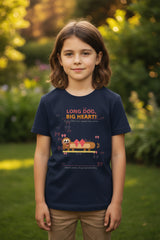 Navy blue t-shirt with a cartoon dog and text on a white background