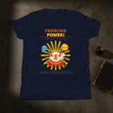 Navy blue t-shirt with a colorful graphic and 'FRENCHIE POWER!' text on a white background