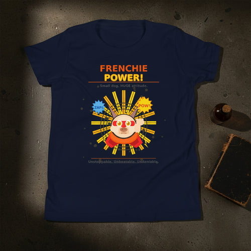 Navy blue t-shirt with a colorful graphic and 'FRENCHIE POWER!' text on a white background